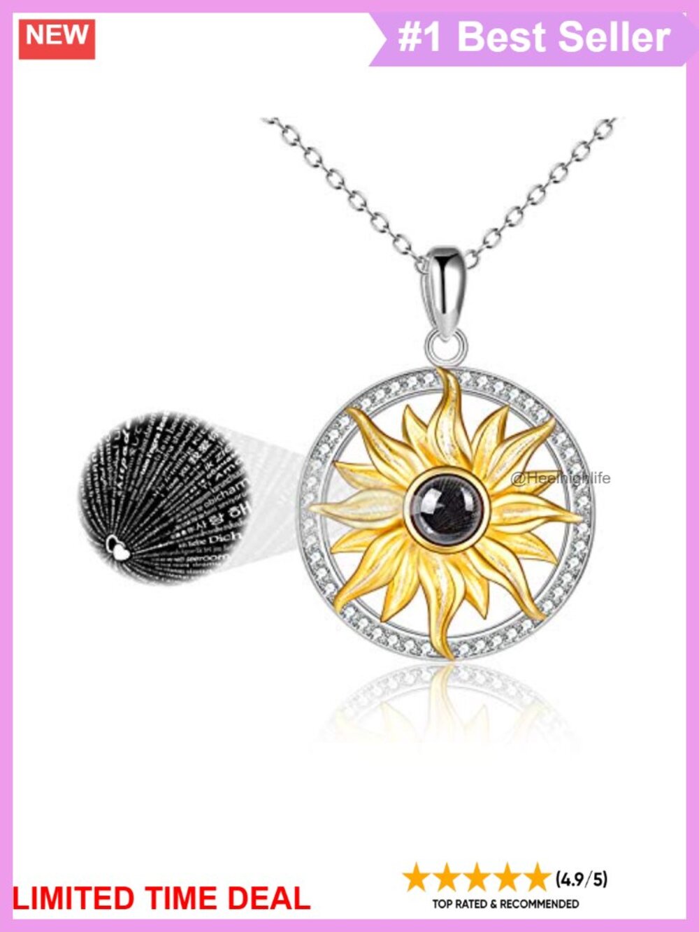 I Love You Necklace 100 Languages Sterling Silver Sunflower Pendant 18in